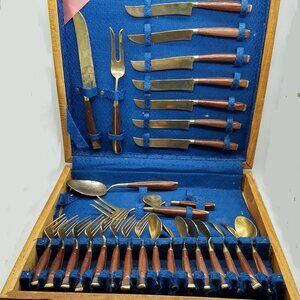 Siam Brass & Teakwood Flatware Set - Vtg